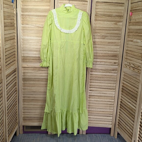 VINTAGE HOMEMADE Green Gingham Maxi Dress with Lace Detail - Picture 1 of 9